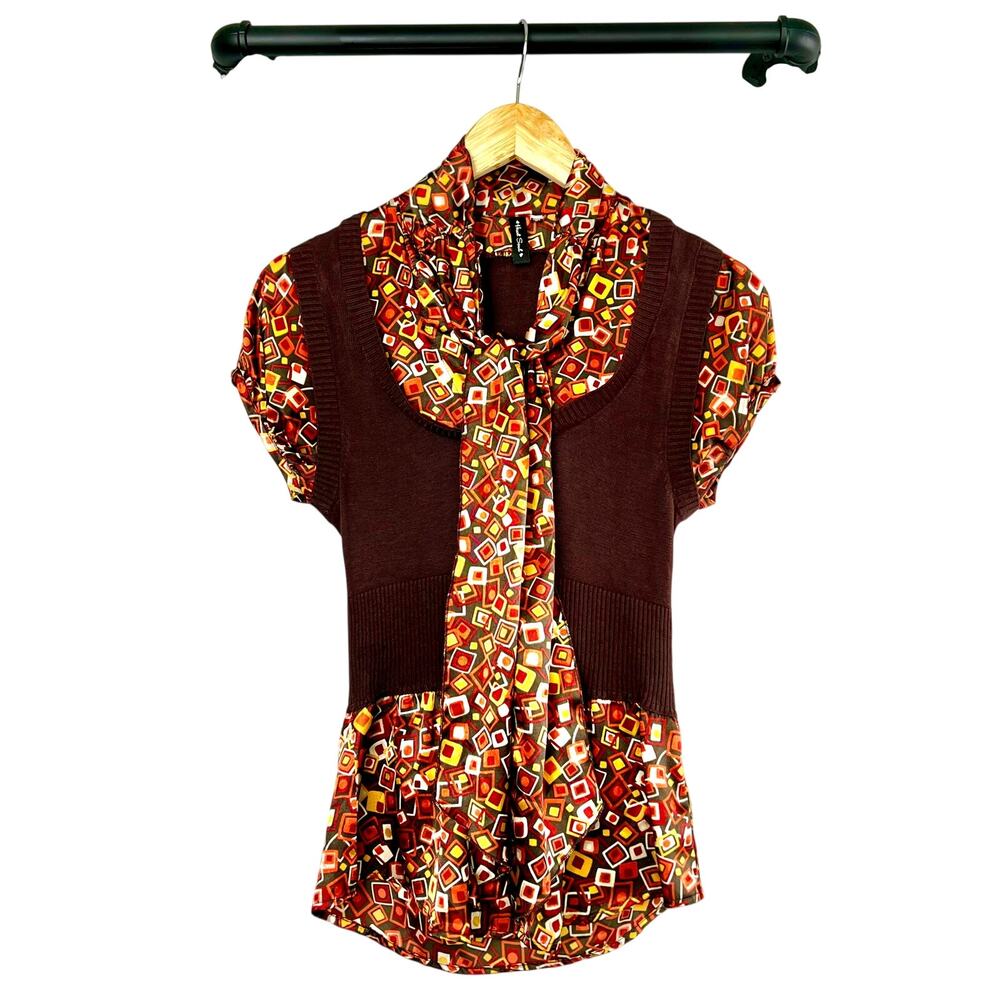 Y2K Tie Neck Tunic Top XS Retro Geometric Dark Academia Artsy Teacher